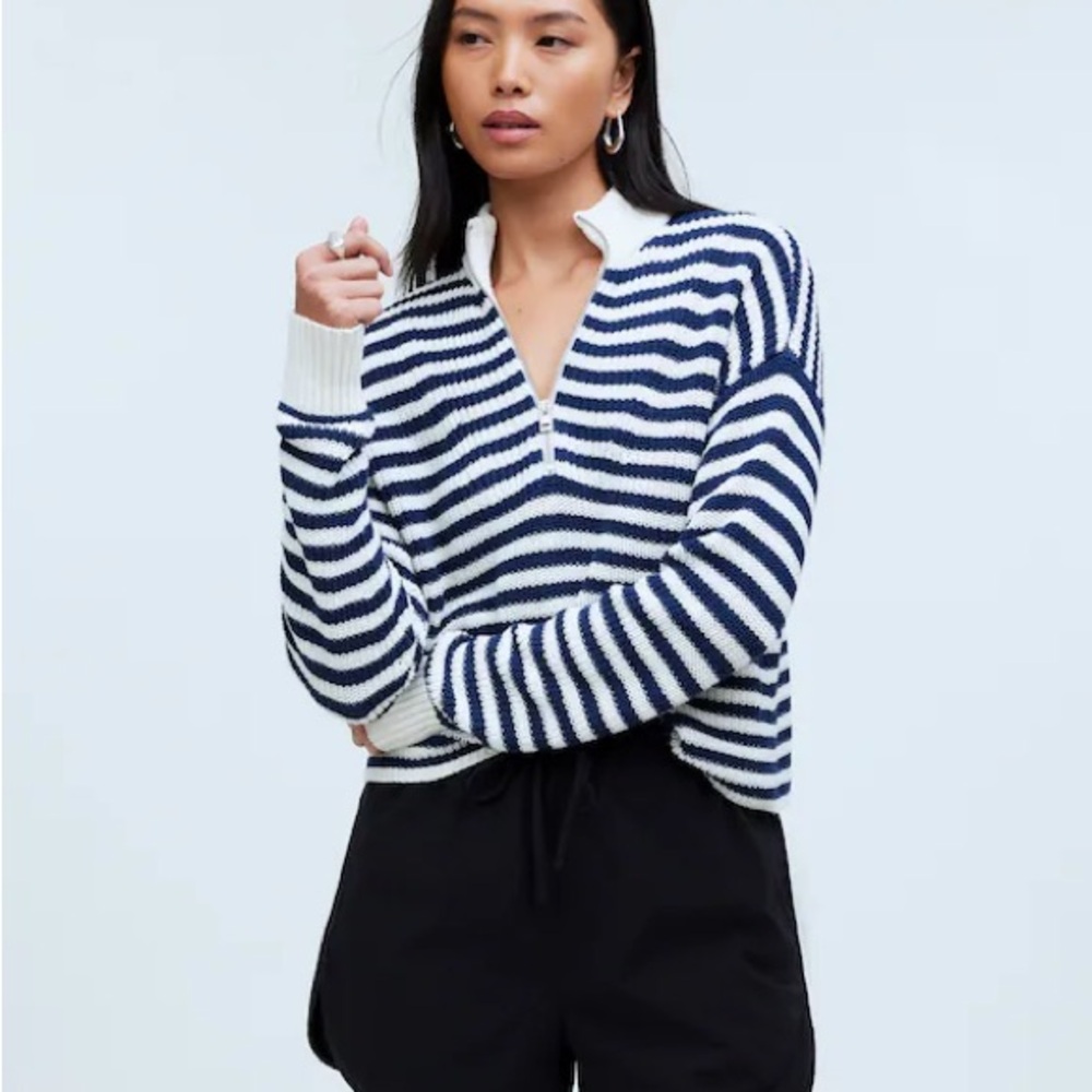 Madewell Navy and White Ribbed Half-Zip Sweater